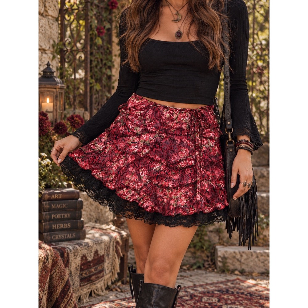 NWT Boho Whimsigoth Red Black Floral Mini Skirt Lace Underlay Y2K Small ANGIE